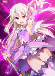 Rule 34 | 1girl, aoi masami, arm up, armpits, blush, boots, commentary request, covered erect nipples, detached sleeves, dress, earrings, elbow gloves, fate/kaleid liner prisma illya, fate (series), feather hair ornament, feathers, female focus, gloves, feather hair ornament, hair ornament, illyasviel von einzbern, jewelry, kaleidostick, long hair, looking at viewer, magical girl, open mouth, pink dress, pink footwear, prisma illya, prisma illya (zwei form), red eyes, silver hair, solo, star (symbol), thigh boots, thighhighs, wand