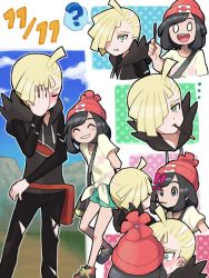 Rule 34 | !, !!, ..., 1boy, 1girl, :d, :t, ?, arms behind back, asymmetrical hair, bad id, bad pixiv id, bag, beanie, black eyes, black hair, black pants, blonde hair, blue sky, blush, closed mouth, cloud, collarbone, comic, covering face, creatures (company), dated, day, earrings, flower, flying sweatdrops, food, food in mouth, frown, game freak, gladion (pokemon), grass, green eyes, green shorts, grin, hair over one eye, handbag, hat, hetero, holding, holding food, hood, hood down, jewelry, kiss, koutetsu (fe steel stone), looking at another, mountain, nintendo, nose blush, o o, open mouth, outdoors, outline, pants, pocky, pocky day, pokemon, pokemon sm, polka dot, red hat, selene (pokemon), shirt, shoes, short hair, short sleeves, shorts, simple background, sky, smile, sneakers, speech bubble, spoken question mark, standing, sweat, teeth, tied shirt, torn clothes, torn pants, torn sleeves, white background, yellow shirt