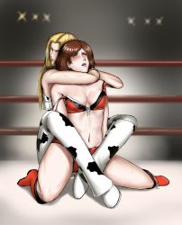 Rule 34 | 2girls, angry, ass, bikini, bikini top only, brown hair, choker, defeat, dixie clemets, highres, hinomoto reiko, knock out, multiple girls, panties, red ribbon, red shorts, reiko hinomoto, ribbon, rumble roses, ryona, short hair, shorts, sleeper, sleeper hold, submission, swimsuit, tap out, theearnestp, thighs, unconscious, underwear, white panties, wrestler, wrestling, wrestling outfit, wrestling ring