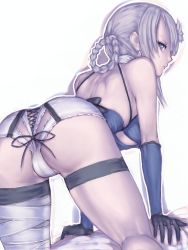 Rule 34 | 1girl, all fours, ass, ass cutout, backless outfit, bare back, bare shoulders, bed, braid, breasts, clothing cutout, elbow gloves, fumio (rsqkr), gloves, kaine (nier), long hair, looking back, medium breasts, nier, nier (series), grey eyes, silver hair, single thighhigh, solo, thighhighs, underboob