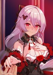 Rule 34 | 1girl, 1other, black bow, black dress, bow, breasts, cleavage, closed mouth, commentary request, dress, earrings, flower, grey hair, hair between eyes, hair bow, hair ornament, hand on own chest, hand up, highres, honkai (series), honkai impact 3rd, jewelry, long hair, theresa apocalypse (luna kindred), medium breasts, out of frame, red eyes, red flower, red rose, rose, ryuusan (leuthan698), smile, solo focus, theresa apocalypse (luna kindred), theresa apocalypse (lunar vow: crimson love)