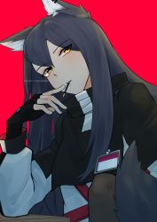 Rule 34 | 1girl, absurdres, animal ears, arknights, artist name, bad id, bad pixiv id, black capelet, black gloves, black hair, capelet, daiishori, eyes visible through hair, fingerless gloves, gloves, head tilt, highres, jacket, long hair, long sleeves, looking at viewer, mouth hold, name tag, red background, simple background, solo, straight hair, tail, texas (arknights), turtleneck, upper body, white jacket, wolf ears, wolf tail, yellow eyes