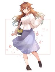 Rule 34 | 1girl, alternate costume, bag, black footwear, blouse, blue hairband, blue skirt, breasts, brown eyes, brown hair, full body, hair flaps, hairband, highres, kantai collection, large breasts, long hair, long sleeves, open mouth, shakemi (sake mgmgmg), shiratsuyu (kancolle), shiratsuyu kai ni (kancolle), shirt, shoulder bag, simple background, skirt, solo, white shirt