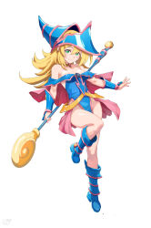 Rule 34 | 1girl, areola slip, bare shoulders, blonde hair, blue dress, blue footwear, blush, boots, breasts, closed mouth, dark magician girl, dress, duel monster, green eyes, groin, hair between eyes, hat, holding, holding wand, jewelry, long hair, looking at viewer, medium breasts, neck ring, open hand, pelvic curtain, pentagram, pink trim, simple background, smile, solo, standing, standing on one leg, thighs, wand, white background, wizard hat, yu-gi-oh!, yugen99