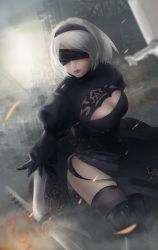 Rule 34 | 1girl, black blindfold, black dress, black thighhighs, blindfold, blurry, blurry background, boots, breasts, cleavage cutout, clothing cutout, dress, gloves, hairband, highres, holding, holding sword, holding weapon, katana, knee boots, long sleeves, mole, mole under mouth, nier (series), nier:automata, outdoors, puffy sleeves, short hair, silver hair, solo, sword, thighhighs, weapon, yiqing (yohare), 2b (nier:automata)
