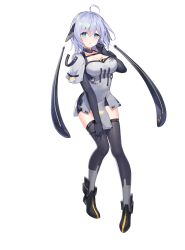 Rule 34 | 1girl, ahoge, aniya (girl cafe gun), artist request, black footwear, black gloves, black thighhighs, blue eyes, breasts, dress, elbow gloves, full body, girl cafe gun, gloves, grey dress, hand on own thigh, hand up, highres, large breasts, looking at viewer, official art, parted lips, shoes, short hair, silver hair, solo, thighhighs, transparent background