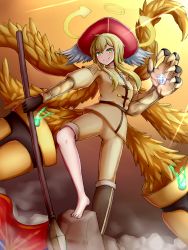 Rule 34 | 1girl, angel, angel wings, asymmetrical legwear, blonde hair, claws, closed mouth, commentary request, flag, green eyes, hair between eyes, halo, hat, highres, holding, holding lance, holding polearm, holding weapon, lance, large hands, looking at viewer, mon-musu quest!, mon-musu quest: paradox, monster girl, multiple wings, polearm, raichi (ddq0246), red hat, rock, seraph, sidelocks, smile, solo, standing, uneven legwear, weapon, wings, zion (mon-musu quest!)