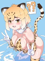 Rule 34 | 1girl, ?, ??, absurdres, animal ear fluff, animal ears, animal print, ass, bikini, black hair, blonde hair, blush, breasts, collarbone, colored inner hair, detached collar, double v, elbow gloves, extra ears, fang, front-tie bikini top, front-tie top, fur collar, furrowed brow, gloves, gradient hair, halterneck, hands up, highres, jaguar (kemono friends), jaguar ears, jaguar girl, jaguar print, jaguar tail, kemono friends, kumasyan1998, large breasts, leaning forward, looking at viewer, medium hair, multicolored hair, nervous smile, open mouth, parted bangs, print bikini, print gloves, print thighhighs, smile, solo, standing, strap gap, swimsuit, tail, thighhighs, tsurime, v, wading, water, wet, white hair, yellow eyes