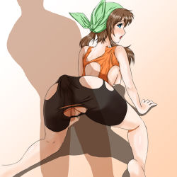 Rule 34 | 1boy, 1girl, :o, all fours, arm support, artist request, ass, back, bandana, bare legs, bare shoulders, barefoot, bike shorts, blush, breasts, brown hair, buttjob, creatures (company), doggystyle, game freak, gradient background, green bandanna, hetero, huge ass, legs, long hair, looking at viewer, looking back, may (pokemon), may (pokemon emerald), medium breasts, moaning, nintendo, open mouth, penis, penis under another&#039;s clothes, pokemon, pokemon rse, rubbing, sex, sex from behind, shadow, sideboob, solo focus, tan background, torn bike shorts, torn clothes, wide hips