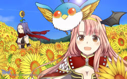 2girls armor assassin_cross_(ragnarok_online) bird black_gloves black_leotard black_wings blue_bird blue_sky blush breasts clear_sky cleavage closed_mouth copyright_notice creator_(ragnarok_online) day demon_wings elbow_gloves field filir_(ragnarok_online) flower flower_field flower_on_head gloves guest_art hairband head_wings high_ponytail highres leotard logo long_hair looking_at_viewer matsui_chika medium_breasts multiple_girls official_art official_wallpaper open_mouth orange_eyes outdoors pauldrons pink_hair ragnarok_online scarf shoulder_armor sky smile sun torn_clothes torn_scarf upper_body wings yellow_flower yellow_hairband