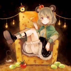 Rule 34 | 1girl, animal ears, basket, bishamonten&#039;s pagoda, black footwear, black skirt, bloomers, capelet, cheese, cheese wheel, crown, dark background, dowsing rod, food, frilled skirt, frills, fruit, grapes, grey hair, jewelry, knees up, light bulb, long sleeves, looking at viewer, mini crown, miniskirt, mouse (animal), mouse ears, mouse girl, mouse tail, mozukuzu (manukedori), nazrin, pendant, petticoat, plate, red eyes, ribbon-trimmed skirt, ribbon trim, shoes, short hair, skirt, slouching, solo, string of light bulbs, suspender skirt, suspenders, tail, throne, tomato, touhou, underwear
