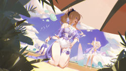 Rule 34 | 2girls, absurdres, arm up, barbara (genshin impact), barbara (summertime sparkle) (genshin impact), bare legs, bare shoulders, barefoot, beach, beach umbrella, blonde hair, blue eyes, blue one-piece swimsuit, blue shirt, blue sky, chinese commentary, cloud, commentary request, day, detached sleeves, drill hair, genshin impact, hand on own hip, hat, high-waist shorts, high heels, highres, jean (genshin impact), jean (sea breeze dandelion) (genshin impact), kneeling, long hair, long sleeves, looking at another, ming chen, multiple girls, official alternate costume, one-piece swimsuit, open mouth, outdoors, plant, ponytail, purple footwear, sailor hat, shirt, shoes, unworn shoes, short shorts, short sleeves, shorts, sidelocks, sky, slime (genshin impact), surfboard, swimsuit, thigh strap, twin drills, twintails, umbrella, waving, white footwear, white headwear, white shorts, wrist cuffs