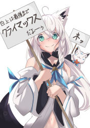Rule 34 | 1girl, absurdres, ahoge, animal ear fluff, animal ears, blue neckerchief, blush, breasts, commentary request, detached sleeves, earrings, fox ears, fox girl, fox tail, green eyes, hair between eyes, highres, holding, holding sign, hololive, hood, hoodie, jewelry, looking at viewer, midriff, navel, neckerchief, pentagram, sasamiya, shirakami fubuki, shirakami fubuki (1st costume), sign, simple background, small breasts, smile, sukonbu (shirakami fubuki), tail, translation request, virtual youtuber, white background, white hair, white hoodie