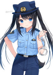 Rule 34 | 1girl, animal ears, animal hat, black hair, blue hat, blue pants, blue shirt, blush, closed mouth, collared shirt, commentary request, cuffs, dog ears, dog tail, dress shirt, fake animal ears, hair between eyes, hand on own hip, handcuffs, hat, holding, long hair, original, pants, police, police hat, police uniform, policewoman, shirt, short sleeves, sidelocks, simple background, smile, solo, tail, twintails, twitter username, uniform, very long hair, white background, yumoran