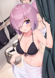 Rule 34 | 1boy, 1girl, absurdres, armpits, ayul (ayulneri 92), bare shoulders, bikini, black bikini, blurry, breasts, butt crack, cleavage, collarbone, depth of field, fate/grand order, fate (series), front-tie bikini top, front-tie top, fujimaru ritsuka (male), groin, hair over one eye, halterneck, hand up, highres, large breasts, light purple hair, looking at viewer, mash kyrielight, navel, no panties, parted lips, purple eyes, see-through, short hair, solo focus, standing, stomach, string bikini, swimsuit, towel around waist