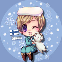 Rule 34 | 1boy, animal, axis powers hetalia, beret, blonde hair, blush, boots, clothes, coat, cross, dog, finland (hetalia), flag, full body, hat, jacket, looking at viewer, male focus, military, military uniform, open mouth, pants, purple eyes, shoes, short hair, sitting, smile, snow, snowing, uniform