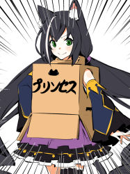Rule 34 | 1girl, animal ear fluff, animal ears, black hair, black thighhighs, box, cardboard box, cardboard box gundam, cat ears, cat girl, cat tail, closed mouth, detached sleeves, emphasis lines, green eyes, karyl (princess connect!), long hair, long sleeves, looking at viewer, low twintails, multicolored hair, princess connect!, single thighhigh, smile, smug, solo, split mouth, streaked hair, tail, thighhighs, translated, twintails, two-tone hair, v-shaped eyebrows, very long hair, white background, white hair, youhei 64d