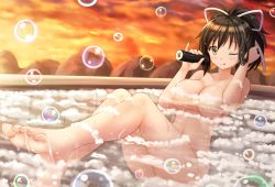 Rule 34 | 10s, 1girl, ;q, ass, asuka (senran kagura), barefoot, bathing, blush, breasts, brown hair, bubble, closed mouth, cloud, cloudy sky, collarbone, convenient censoring, evening, feet, food, foreshortening, hand in own hair, high ponytail, kazenokaze, large breasts, legs up, looking at viewer, makizushi, navel, nude, nudist, one eye closed, outdoors, partially submerged, pinky out, ponytail, senran kagura, short hair, sky, smile, soap, soap bubbles, soap censor, solo, stomach, sunlight, sushi, toes, tongue, tongue out, water drop, wet, wet hair, wood, yellow eyes