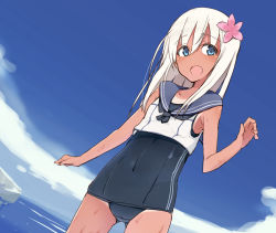 Rule 34 | 10s, 1girl, blonde hair, blue eyes, cloud, cowboy shot, day, flower, hair flower, hair ornament, kantai collection, long hair, maze (gochama ze gohan), ocean, one-piece swimsuit, open mouth, outdoors, ro-500 (kancolle), school swimsuit, school uniform, sky, solo, swimsuit, swimsuit under clothes, thighs, tongue