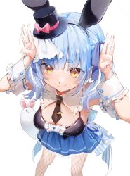 Rule 34 | animal ears, black necktie, black shirt, blue hair, blue skirt, breasts, detached collar, don-chan (usada pekora), foreshortening, from above, hands up, hat, highres, hololive, leaning forward, looking at viewer, medium breasts, mini hat, mini top hat, necktie, petyori, rabbit ears, shirt, skirt, thick eyebrows, top hat, twintails, usada pekora, usada pekora (furi furi bunny dress), virtual youtuber, white background, yellow eyes
