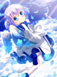 Rule 34 | 1girl, :o, angel, angel wings, blue eyes, blue flower, blue footwear, blue sailor collar, blue sky, blue wings, blush, chinomaron, cloud, cloudy sky, commentary request, day, dress, feathered wings, feathers, finger to mouth, flower, from behind, gochuumon wa usagi desu ka?, gradient wings, hair between eyes, hair flower, hair ornament, halo, hand up, highres, kafuu chino, kneehighs, long sleeves, looking at viewer, looking back, multicolored wings, outdoors, parted lips, petals, puffy long sleeves, puffy sleeves, purple hair, sailor collar, sailor dress, shoe soles, shoes, sky, socks, solo, two side up, white dress, white feathers, white flower, white socks, white wings, wings, x hair ornament