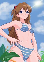 Rule 34 | 1girl, 2023, absurdres, ass, bikini, blue eyes, blue sky, breasts, brown hair, dated, hair ornament, hand on own hip, highres, interface headset, long hair, looking at viewer, medium breasts, nature, navel, neon genesis evangelion, plant, shiny skin, simple background, sky, smile, solo, souryuu asuka langley, standing, striped bikini, striped clothes, swimsuit, tsunemoku, very long hair, wide hips