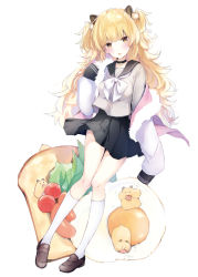 Rule 34 | 1girl, animal, animal ears, black sailor collar, black skirt, blonde hair, blush, bow, bread, breasts, brown eyes, brown footwear, cherry tomato, commentary request, egg (food), food, fried egg, fur-trimmed jacket, fur trim, grey shirt, hamster, hand up, jacket, kneehighs, loafers, long hair, long sleeves, looking at viewer, medium breasts, off shoulder, open mouth, original, pleated skirt, sailor collar, sausage, school uniform, serafuku, shirt, shoes, skirt, sleeves past wrists, sleeves pushed up, socks, solo, suzumori uina, tomato, v-shaped eyebrows, very long hair, white background, white bow, white jacket, white socks