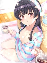 Rule 34 | 1girl, black hair, blurry, blurry background, blush, breasts, collarbone, couch, cup, depth of field, hairband, holding, holding cup, hood, hood down, hooded jacket, idolmaster, idolmaster shiny colors, jacket, long hair, long sleeves, looking at viewer, loungewear, mayuzumi fuyuko, mug, nail polish, naked jacket, paid reward available, parted lips, pink nails, red eyes, shiitake taishi, sleeves past wrists, small breasts, solo, striped clothes, striped jacket, stuffed animal, stuffed toy, wooden floor