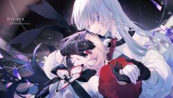 Rule 34 | 2girls, arcaea, ascot, black bow, black bowtie, black gloves, black hair, black ribbon, blonde hair, blue eyes, bow, bowtie, coat, collared shirt, english text, epaulettes, evil smile, flower, glass shards, gloves, grey hair, hair over eyes, highres, holding hands, insight (arcaea), leaning back, leaning on person, light particles, light rays, long hair, looking at viewer, maya (arcaea), multicolored hair, multiple girls, one eye covered, portal (object), red ascot, red eyes, ribbon, sad, shirt, single epaulette, sleeve cuffs, smile, suzunashi, two-tone hair, very long hair, white coat, white shirt