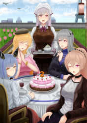 Rule 34 | 5girls, :d, absurdres, aircraft, airplane, anniversary, archstreal, azur lane, beret, black choker, black jacket, blonde hair, blue hair, blue sky, blue sweater, blush, bracelet, breasts, brown hair, brown headwear, brown jacket, brown skirt, brown vest, cake, casual, chair, choker, closed eyes, cloud, collarbone, cross, cross necklace, cup, day, dress, dunkerque (azur lane), earrings, eiffel tower, flower, food, fork, gascogne (azur lane), grass, grey hair, hair between eyes, hat, headgear, highres, holding, holding tray, jacket, jean bart (azur lane), jewelry, large breasts, long hair, looking at viewer, mittens, mole, mole under eye, multiple girls, nail polish, necklace, one eye closed, open mouth, outdoors, own hands together, pink dress, pink eyes, pink nails, plate, ponytail, purple eyes, purple mittens, ribbed sweater, richelieu (azur lane), saint-louis (azur lane), shirt, sitting, skirt, skull and crossbones, sky, smile, standing, sweater, table, teapot, tray, vest, white shirt, white sweater, yellow eyes