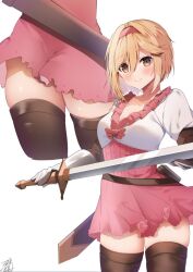 Rule 34 | 1girl, blonde hair, blush, boots, breasts, cleavage, close-up, djeeta (granblue fantasy), dress, gauntlets, granblue fantasy, hair between eyes, hairband, head tilt, holding, holding sword, holding weapon, looking at viewer, medium breasts, medium hair, multiple views, omuretsu, pleated dress, red hairband, skindentation, solo, sword, thigh boots, thighs, upskirt, weapon, yellow eyes