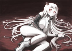 Rule 34 | 10s, 1girl, :o, abyssal ship, airfield princess, ankle boots, ass, black panties, blush, boots, breasts, horns, kantai collection, large breasts, long hair, looking at viewer, lying, on side, open mouth, panties, red eyes, solo, underwear, vent arbre, very long hair, white footwear, white hair