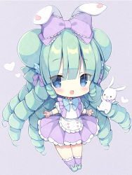 Rule 34 | 1girl, :d, animal, animal ears, animal slippers, apron, blue bow, blue eyes, blush, bow, bunny slippers, chibi, commentary request, commission, drill hair, eyes visible through hair, frilled apron, frills, full body, green footwear, green hair, grey background, hair bow, izuminanase, long hair, looking at viewer, miruku (cutesuu), open mouth, original, pleated skirt, puffy short sleeves, puffy sleeves, purple bow, purple skirt, purple socks, rabbit, rabbit ears, ribbed legwear, shirt, short sleeves, simple background, skeb commission, skirt, slippers, smile, socks, suspender skirt, suspenders, very long hair, white apron, white shirt, wrist cuffs