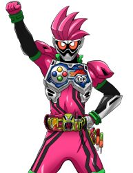Rule 34 | 1boy, absurdres, arm up, clenched hand, commentary request, controller, game controller, gamepad, hand on own hip, highres, holster, kamen rider, kamen rider ex-aid, kamen rider ex-aid (series), looking at viewer, raised fist, rider belt, simple background, takezuchi, tokusatsu, white background