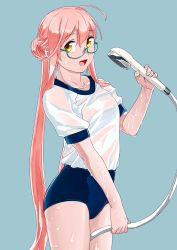 Rule 34 | 1girl, ahoge, alternate costume, arm up, blue buruma, blush, breasts, buruma, closed mouth, commentary request, crooked eyewear, double bun, glasses, gym shirt, gym uniform, hair bun, highres, holding, holding shower head, kantai collection, long hair, looking at viewer, makigumo (kancolle), ojipon, open mouth, pink hair, see-through, semi-rimless eyewear, shirt, short sleeves, shower head, simple background, small breasts, smile, solo, twintails, under-rim eyewear, wet, white legwear, yellow eyes