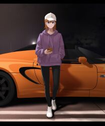 Rule 34 | 1girl, absurdres, black pants, car, cellphone, closed mouth, commentary, commentary request, hair between eyes, hand in pocket, hat, highres, holding, holding phone, hood, hood down, hoodie, looking at viewer, lotus (brand), lotus elise, love live!, love live! superstar!!, motor vehicle, night, orange hair, outdoors, pants, phone, purple eyes, purple hoodie, s sho mkrn, shadow, shibuya kanon, shoes, smartphone, solo, white footwear, white hat