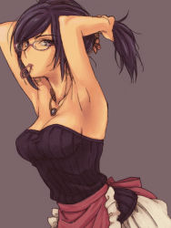 Rule 34 | 1girl, adjusting hair, apron, armpits, arms up, bare arms, bare shoulders, black eyes, blue eyes, breasts, cleavage, dragon quest, dragon quest x, earrings, female focus, glasses, grey background, grey eyes, hair tie, hoop earrings, jewelry, long hair, looking at viewer, mouth hold, neck, necklace, no bra, pink-framed eyewear, ponytail, purple hair, ribbed shirt, runana (dq10), shirt, simple background, skirt, solo, sovacha, strapless, swept bangs, tying hair, upper body, waist apron