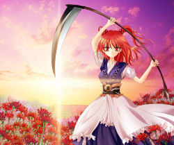 Rule 34 | 1girl, arms up, cloud, dress, female focus, flower, nature, obi, ocean, onozuka komachi, outdoors, plant, puffy short sleeves, puffy sleeves, red eyes, red hair, ringo apple, ringo appuru, sash, scythe, short sleeves, sky, solo, spider lily, sunlight, sunrise, touhou, twilight, twintails, two side up