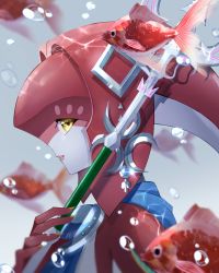 Rule 34 | 1girl, blue sash, closed mouth, colored skin, fins, fish, fish girl, hair ornament, highres, jewelry, kuroitubu, looking at viewer, mipha, monster girl, multicolored skin, nintendo, no eyebrows, polearm, red hair, red skin, sash, smile, solo, the legend of zelda, the legend of zelda: breath of the wild, trident, water drop, weapon, white skin, yellow eyes, zora