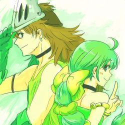 Rule 34 | 1boy, 1girl, 72yan, bare shoulders, bow, braid, brown hair, choker, closed mouth, commentary request, gloves, grandfather and granddaughter, green eyes, green hair, hair ribbon, jewelry, long hair, looking at viewer, multi-tied hair, ponytail, ribbon, saga, saga frontier 2, smile, very long hair, virginia knights, william knights
