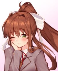 Rule 34 | 1girl, ;), artist name, blazer, blush, bow, brown hair, closed mouth, doki doki literature club, green eyes, highres, jacket, long hair, looking at viewer, monika (doki doki literature club), natsukyu, one eye closed, ponytail, school uniform, smile, solo, white bow