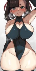 Rule 34 | 1girl, aqua eyes, black hair, blush, breasts, cleavage, creatures (company), curvy, elbow gloves, game freak, gloves, highres, large breasts, leotard, looking at viewer, mana nzmr, marnie (pokemon), nintendo, open mouth, pokemon, pokemon swsh, sideboob, solo, sweat, thick thighs, thighs, wide hips