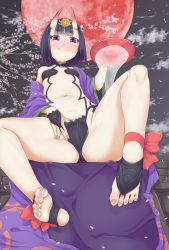 Rule 34 | 1girl, alcohol, barefoot, blush, bob cut, closed mouth, collarbone, cup, fate/grand order, fate (series), feet, female focus, fingernails, foot focus, forehead jewel, from below, headpiece, highres, holding, holding cup, horns, japanese clothes, jewelry, kimono, looking at viewer, looking down, moon, navel, off shoulder, oni, pouring, purple eyes, purple hair, red ribbon, revealing clothes, ribbon, sakazuki, sake, short hair, shuten douji (fate), sitting, skin-covered horns, sky, smile, soles, solo, spread legs, tahira ureka, thighs, toeless legwear, toenails, toes, tree