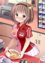 Rule 34 | 1girl, 7-eleven, blush, brand name imitation, brown eyes, brown hair, cigarette pack, clerk, commentary request, convenience store, counter, employee uniform, food, givuchoko, hair ornament, hairband, highres, microwave, moe2016, bento, onigiri, open mouth, original, parody, pasta, revision, sexually suggestive, shirt, shop, short hair, skirt, solo, tears, uniform, wavy mouth, when you see it