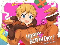 Rule 34 | 1boy, blonde hair, blue eyes, blush, box, dated, food, fork, fur-trimmed hood, fur trim, gift, gift box, haizai, happy birthday, holding, holding fork, hood, hood down, jacket, kenny mccormick, looking at viewer, male focus, mittens, open mouth, plate, short hair, smile, solo, south park, tearing up, waffle