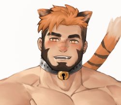 Rule 34 | 1boy, animal ears, artist request, bandaid, bandaid on face, bandaid on nose, bara, beard, bell, blush, bright pupils, brown eyes, brown hair, chibi, drooling, facial hair, fang, heart, heart-shaped pupils, hood, hood down, indie virtual youtuber, looking at viewer, male focus, mature male, multicolored hair, muscular, muscular male, neck bell, nude, open mouth, orange hair, pectorals, portrait, second-party source, short hair, solo, symbol-shaped pupils, tail, tail raised, thick eyebrows, tiger boy, tiger ears, tiger tail, toz1069 (vtuber), two-tone hair, upper body, virtual youtuber, white background