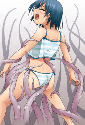 Rule 34 | 1girl, aqua panties, back, blue hair, blush, camisole, closed eyes, from behind, green panties, kusuguri, lingerie, md5 mismatch, midriff, open mouth, panties, short hair, side-tie panties, solo, striped clothes, striped panties, tears, tentacles, tickle torture, tickling, tickling arms, tickling ass, tickling back, tickling legs, underwear