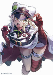 Rule 34 | 1girl, absurdres, bandaged arm, bandages, blonde hair, claw pose, coat, dark-skinned female, dark skin, guilty gear, guilty gear strive, highres, huanxiang huifeng, long hair, looking at viewer, ramlethal valentine, sharp teeth, shorts, simple background, solo, star (symbol), star in eye, symbol in eye, teeth, white background, white coat, white headwear, white shorts