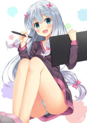 Rule 34 | 10s, 1girl, :d, ass, bare legs, blue eyes, blue panties, blunt bangs, blush, bow, collarbone, commentary request, drawing tablet, eromanga sensei, foreshortening, fujieda uzuki, gradient hair, hair bow, highres, holding, invisible chair, izumi sagiri, knees up, legs together, long hair, long sleeves, looking at viewer, low-tied long hair, multicolored hair, no pants, no socks, open mouth, panties, pink bow, pink hair, purple shirt, shirt, silver hair, simple background, sitting, slippers, smile, solo, stylus, tareme, thighs, underwear, very long hair, white background