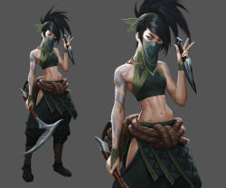 Rule 34 | 1girl, absurdres, akali, arm tattoo, bare shoulders, black hair, commentary, crop top, dagger, dual wielding, english commentary, full body, green pants, green ribbon, green shirt, grey background, hair ribbon, hand up, highres, hip vent, holding, holding dagger, holding knife, holding scythe, holding weapon, jason chan, kama (weapon), knife, kunai, league of legends, mask, midriff, mouth mask, multiple views, navel, ninja, ninja mask, official art, pants, ponytail, red eyes, ribbon, rope belt, scythe, shirt, short ponytail, sickle, simple background, sleeveless, sleeveless shirt, stomach, tattoo, toned, v-shaped eyebrows, w, weapon